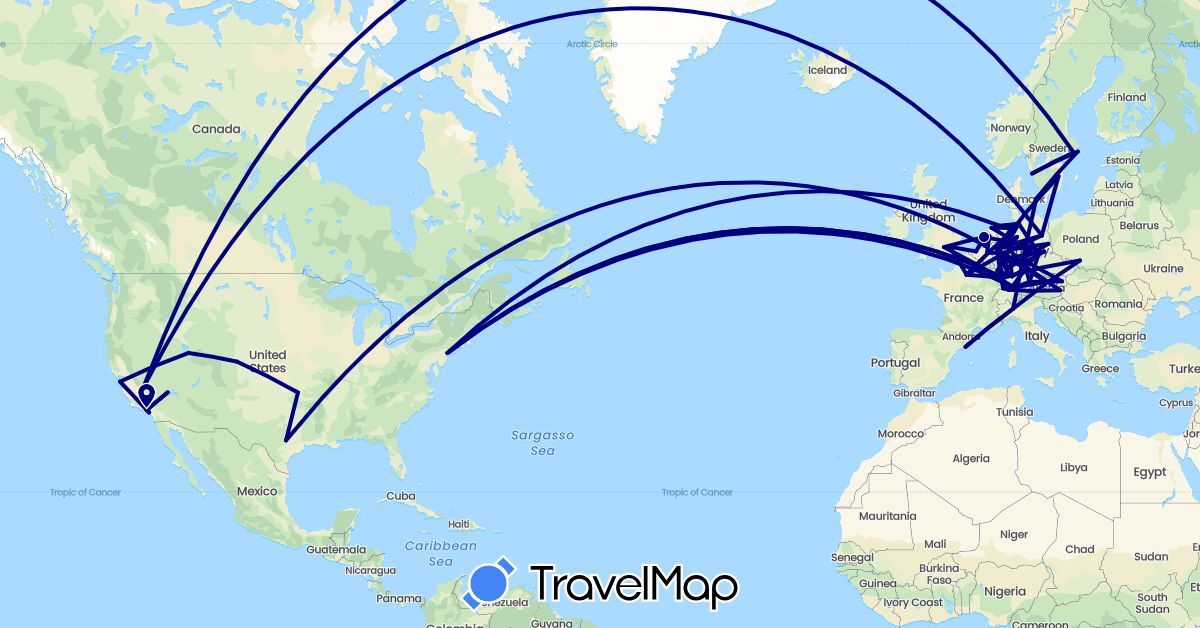 TravelMap itinerary: driving in Austria, Belgium, Switzerland, Germany, Denmark, Spain, France, United Kingdom, Italy, Netherlands, Poland, Sweden, United States (Europe, North America)